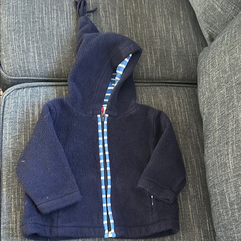 Navy Blue Hooded Jacket with Striped Zipper